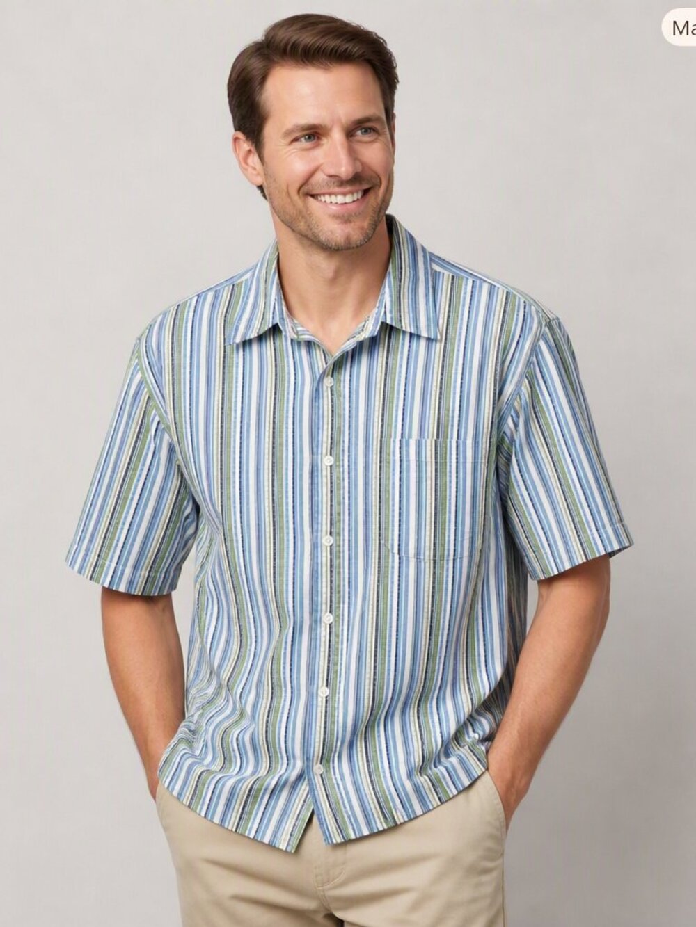 Lands’ End Blue‑Green Striped Short‑Sleeve Button‑Down Shirt (Men’s XL, Like New